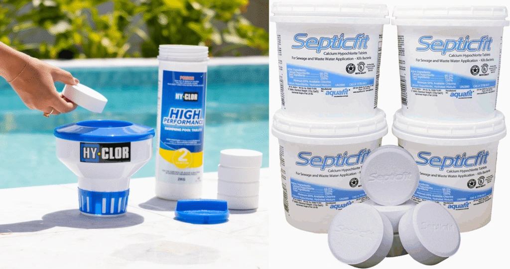Comparison of pool chlorine tablets versus NSF-certified aerobic septic system chlorine tablets side by side